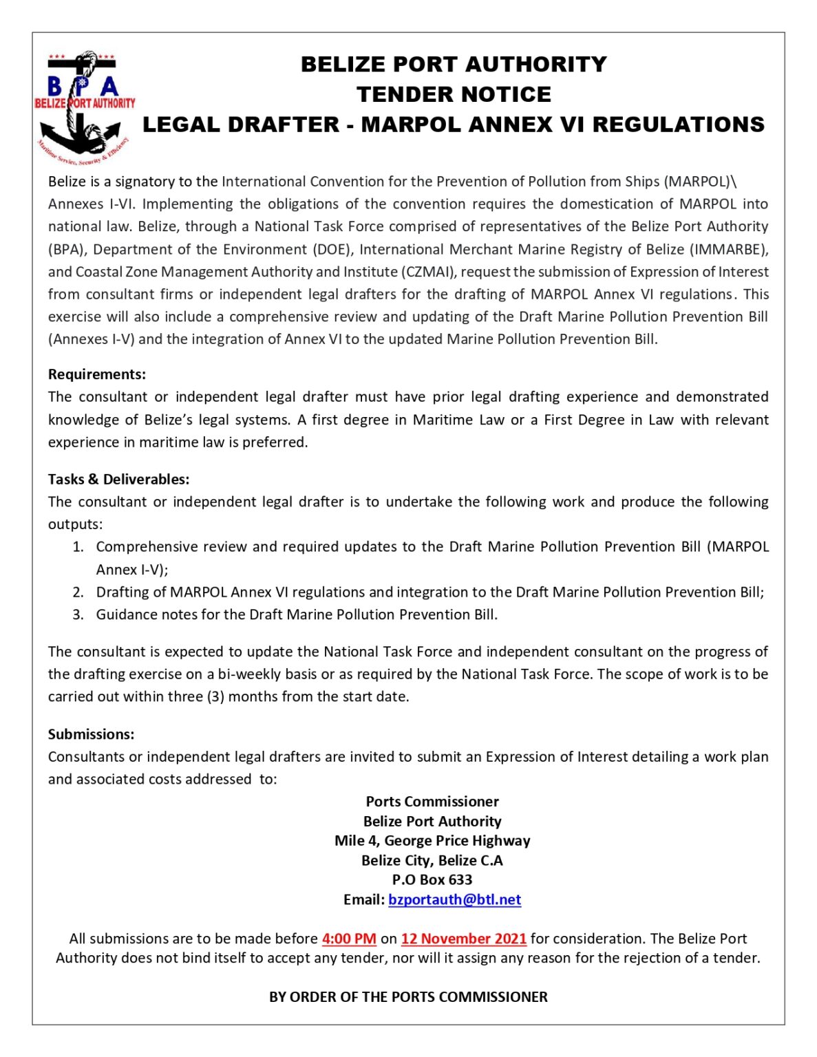 TENDER NOTICE FOR LEGAL DRAFTER MARPOL ANNEX VI REGULATIONS Belize