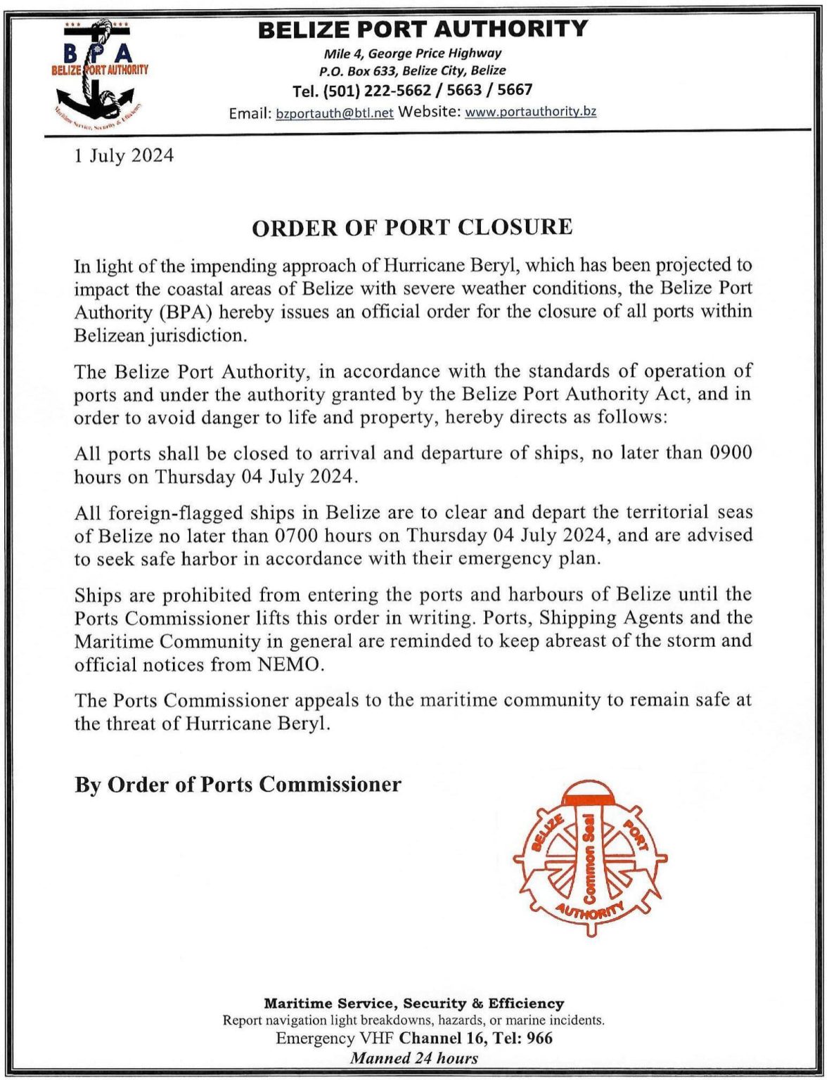 Notice of Port Closure – Belize Port Authority